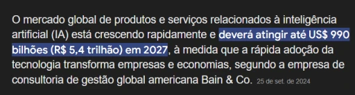 Estatística Bain & Co sobre mercado de IA atingindo US$ 990 bilhões