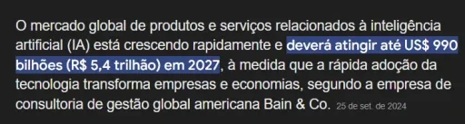 Estatística Bain & Co sobre mercado de IA atingindo US$ 990 bilhões